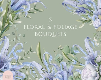 watercolor floral foliage pastel blue lavender digital bouquet wreath delicate clipart illustration wedding modern florist PNG hand drawn