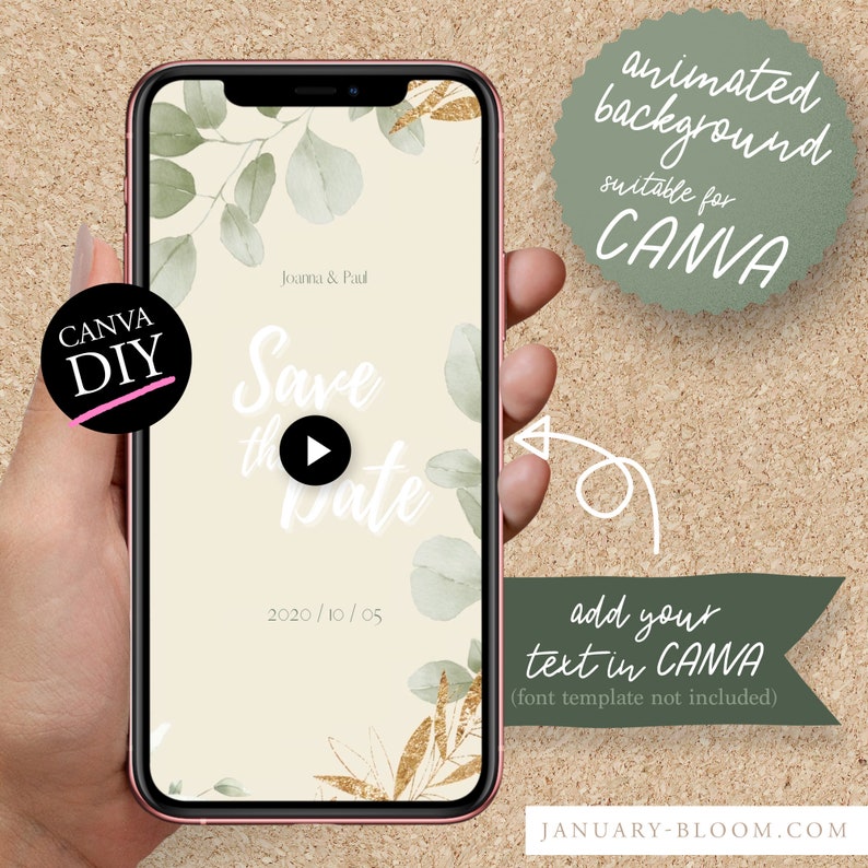 May include: A digital animated background for Canva with a green and gold watercolor design. The text "Save the Date" is in white with a play button icon. The date "2020/10/05" is below the text. The text "CANVA DIY" is in a circle with a pink slash through it.