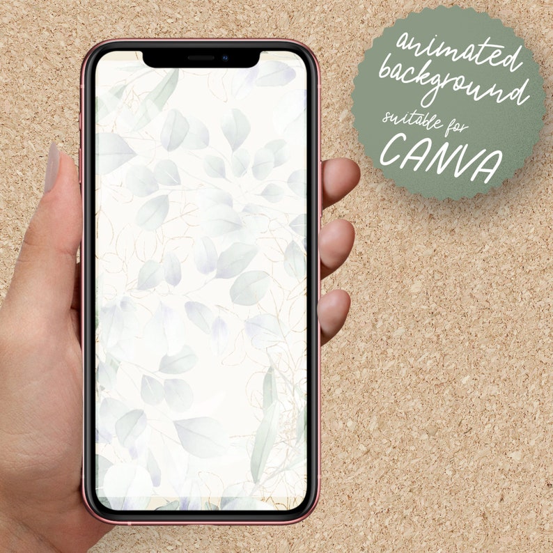 Puede incluir: Un tel&eacute;fono inteligente que muestra un fondo animado con un fondo blanco y un patr&oacute;n de hojas verde claro y doradas. El texto "fondo animado" y "apto para CANVA" se muestra en un c&iacute;rculo verde en la esquina superior derecha de la imagen.
