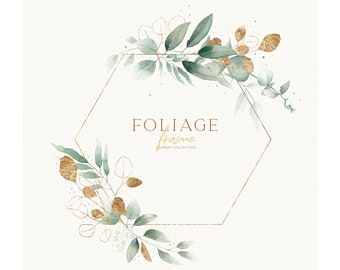watercolor eucalyptus foliage green golden frame wreath delicate clipart illustration wedding modern greenery PNG hand drawn