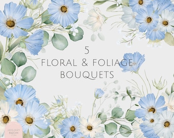 watercolor floral foliage pastel blue baby blue digital bouquet wreath delicate clipart illustration wedding modern florist PNG hand drawn
