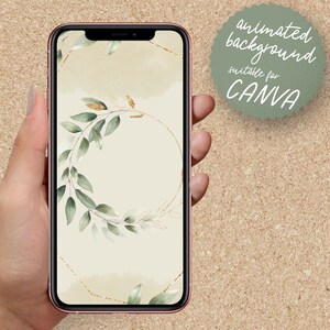 May include: A phone screen displaying an animated background with a gold and green wreath on a beige background. The text "animated background" and "suitable for CANVA" is displayed on a green circle in the top right corner of the image.