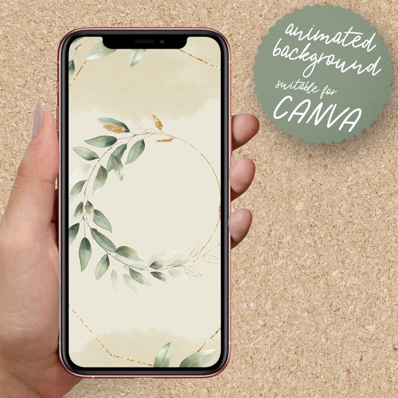 May include: A phone screen displaying an animated background with a gold and green wreath on a beige background. The text "animated background" and "suitable for CANVA" is displayed on a green circle in the top right corner of the image.