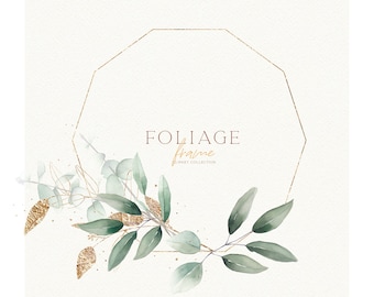 watercolor eucalyptus foliage green golden frame wreath delicate clipart illustration wedding modern greenery PNG hand drawn
