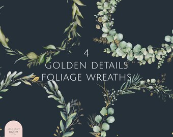 watercolor foliage wreath greenery gold eucalyptus digital wreath delicate clipart illustration wedding modern greenery PNG hand drawn