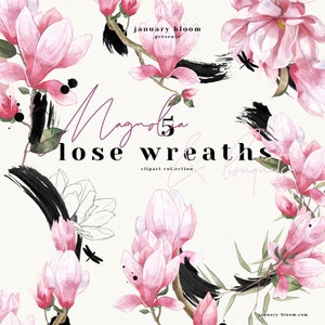 aquarelle magnolia japonais jardin numérique perdre bouquet couronne rose clipart illustration mariage moderne vert urbain PNG main tirée