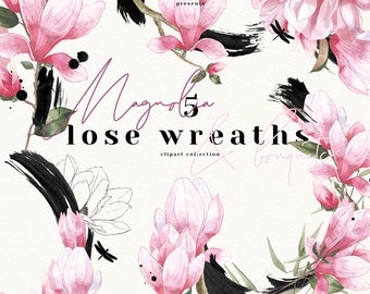 watercolor magnolia Japanese garden digital lose bouquet wreath pink clipart illustration wedding modern urban greenery PNG hand drawn