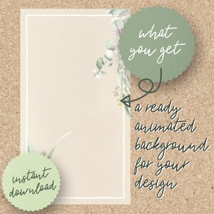 Op de afbeelding: Een digitale illustratie van een groene, bladerrijke tak met witte bloemen. De tekst "what you get" staat in een groene cirkel met een witte omtrek. Een pijl wijst naar de tekst "a ready animated background for your design". De tekst "instant download" staat in een groene cirkel met een witte omtrek.