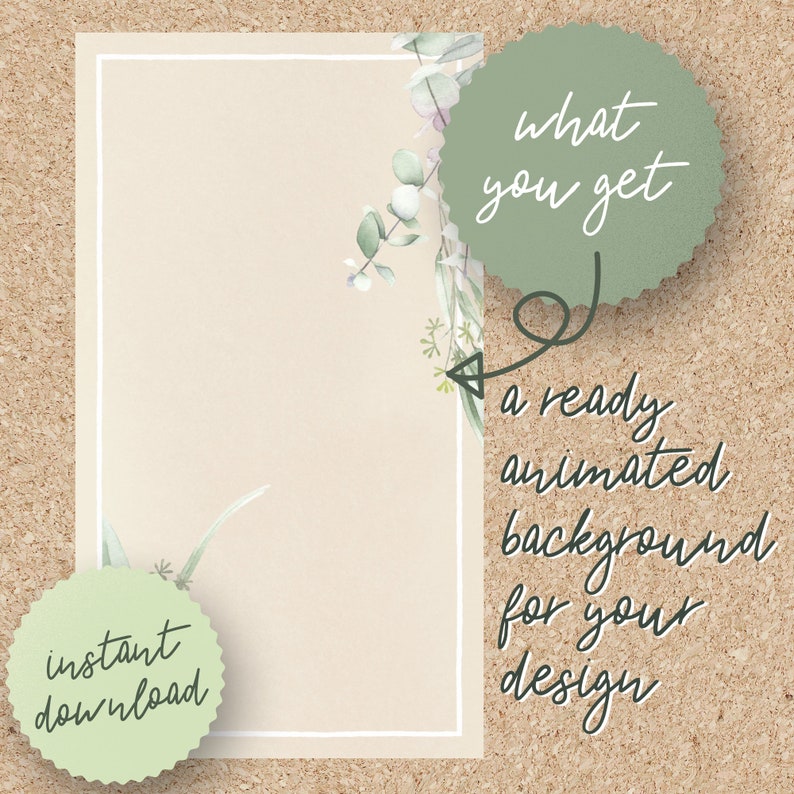Op de afbeelding: Een digitale illustratie van een groene, bladerrijke tak met witte bloemen. De tekst "what you get" staat in een groene cirkel met een witte omtrek. Een pijl wijst naar de tekst "a ready animated background for your design". De tekst "instant download" staat in een groene cirkel met een witte omtrek.