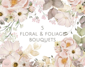 watercolor floral foliage peonies pink blush digital bouquet wreath delicate clipart illustration wedding modern florist PNG hand drawn