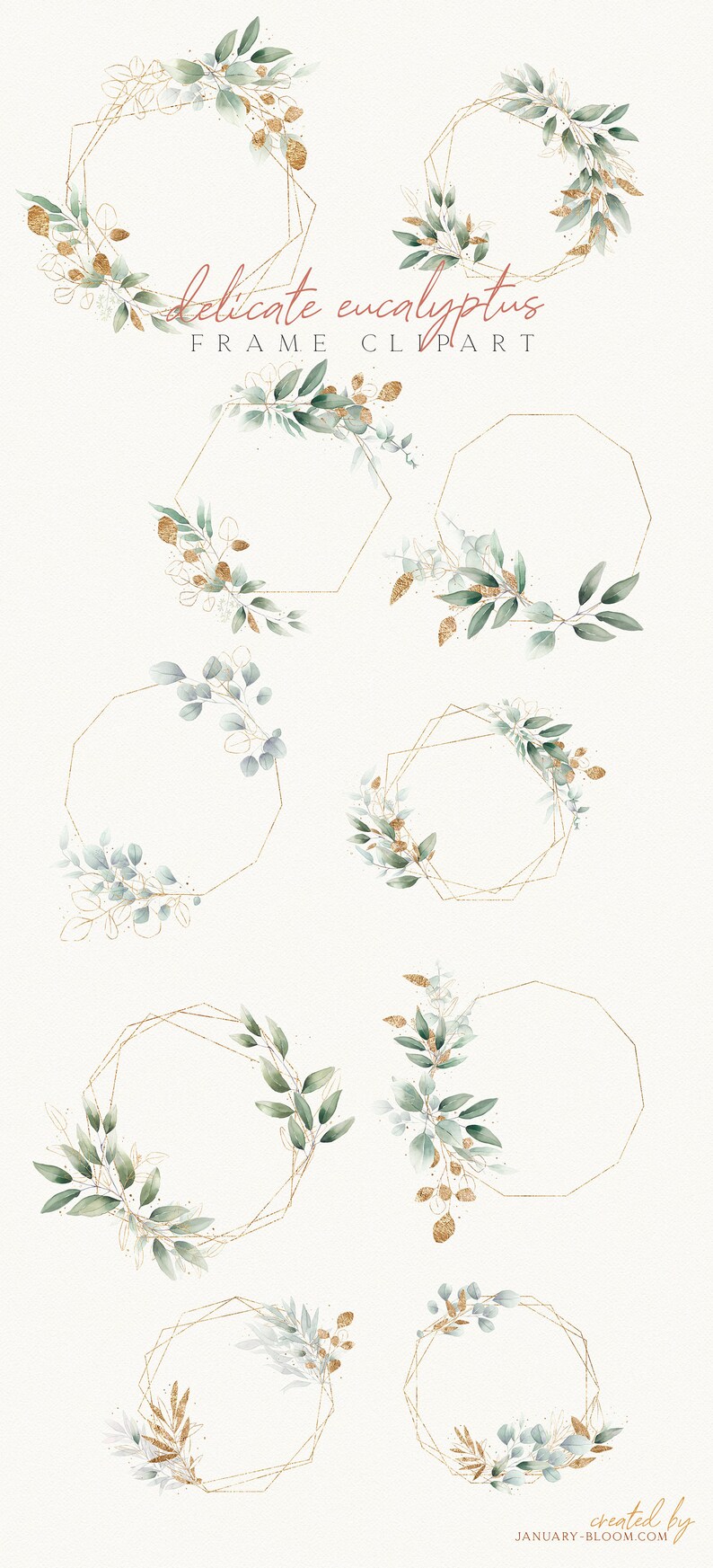 Watercolor Foliage Green Gold Eucalyptus Crystal Geometric Frame Wreath ...