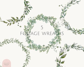 watercolor foliage wreath eucalyptus digital delicate clipart illustration wedding modern greenery PNG hand drawn