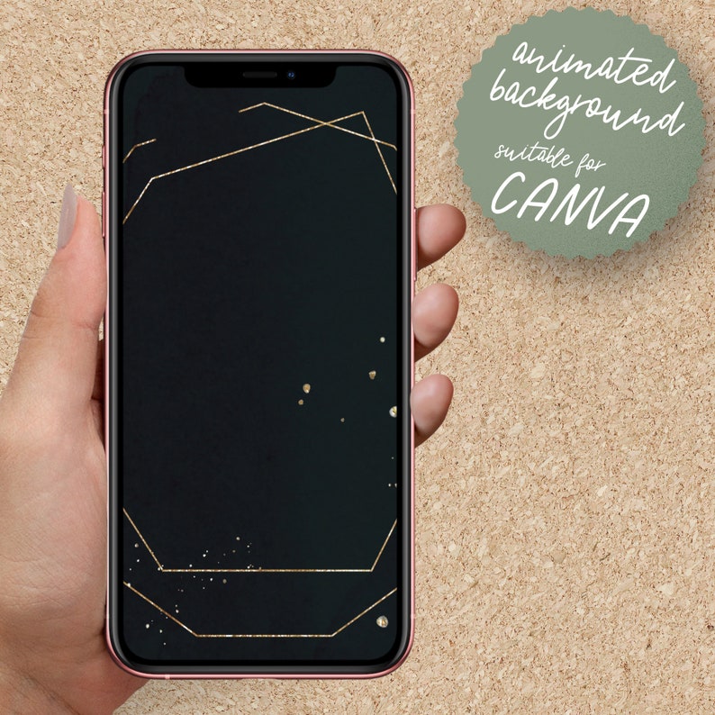Może przedstawiać: Czarny ekran telefonu z złotym wzorem geometrycznym i złotym brokatem. Tekst "animated background suitable for CANVA" znajduje się na zielonym k&oacute;łku w prawym g&oacute;rnym rogu.