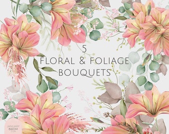 watercolor floral foliage soft pink peach digital bouquet wreath delicate clipart illustration wedding modern florist PNG hand drawn