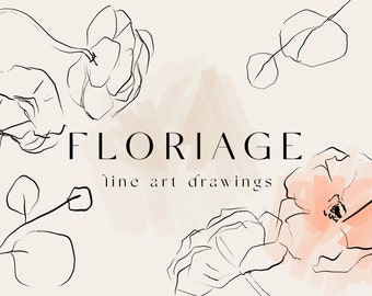 line art hand drawn clip art sketches floral foliage greenery hand painted colour swatches illustration