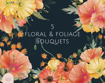 watercolor floral foliage red orange yellow digital bouquet wreath delicate clipart illustration wedding modern florist PNG hand drawn