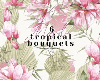 watercolor magnolia Japanese garden digital tropical bouquet arrangement clipart illustration wedding modern urban greenery PNG hand drawn