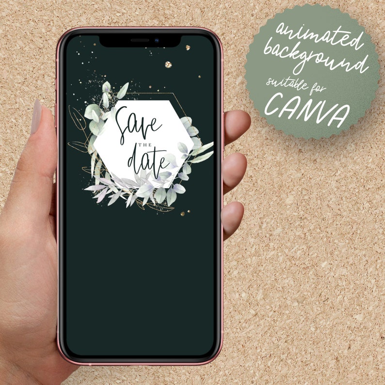 May include: Animated phone background with a green and gold hexagonal frame with the text "Save the Date" in white. The frame is surrounded by green leaves and gold glitter.