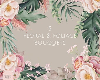 watercolor floral foliage pink peonies palm leaves digital bouquet delicate clipart illustration wedding modern florist PNG hand drawn