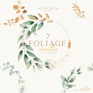 watercolor eucalyptus foliage green golden wreath delicate clipart illustration wedding modern greenery PNG hand drawn