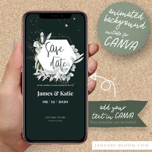 May include: A green and gold animated save the date card with a hexagon frame and greenery. The text reads "Save the Date" for the wedding ceremony joining the lives of James & Katie on 09/12/2020 in Las Vegas, Nevada. Invitations to follow.