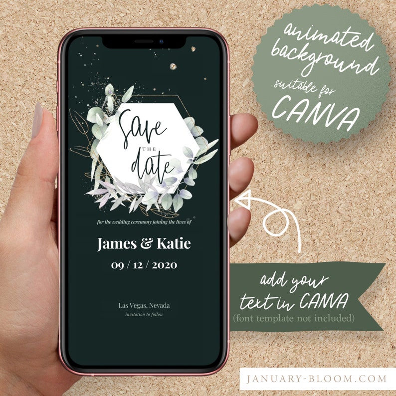 May include: A green and gold animated save the date card with a hexagon frame and greenery. The text reads "Save the Date" for the wedding ceremony joining the lives of James & Katie on 09/12/2020 in Las Vegas, Nevada. Invitations to follow.
