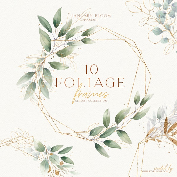 watercolor foliage green gold eucalyptus crystal geometric frame wreath delicate clipart illustration wedding modern greenery PNG hand drawn