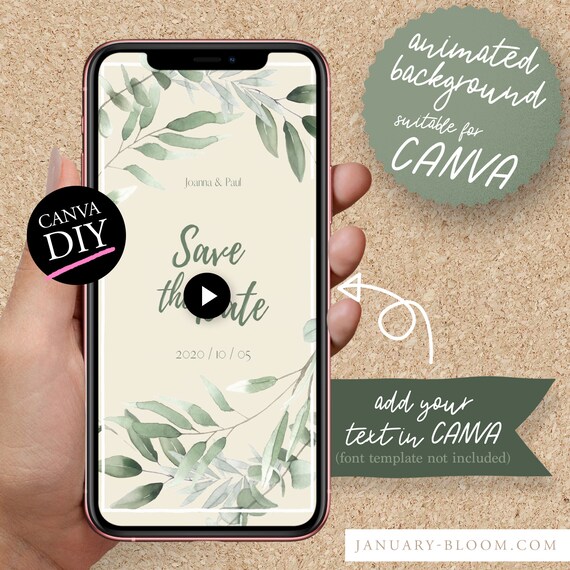 DIY Animated Story Video invitation for CANVA | pastel watercolor spring foliage frame Save the Date Celebration eucalyptus leaf line art