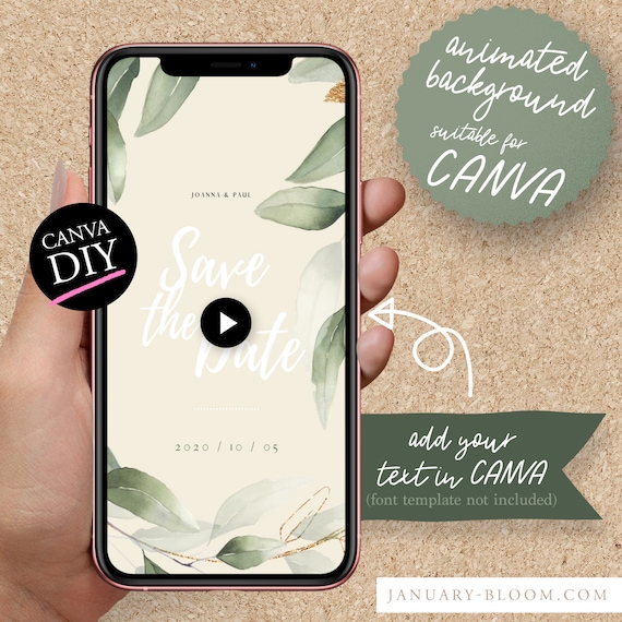 DIY Animated Story Video invitation for CANVA | pastel watercolor spring foliage frame Save the Date Celebration eucalyptus leaf gold card
