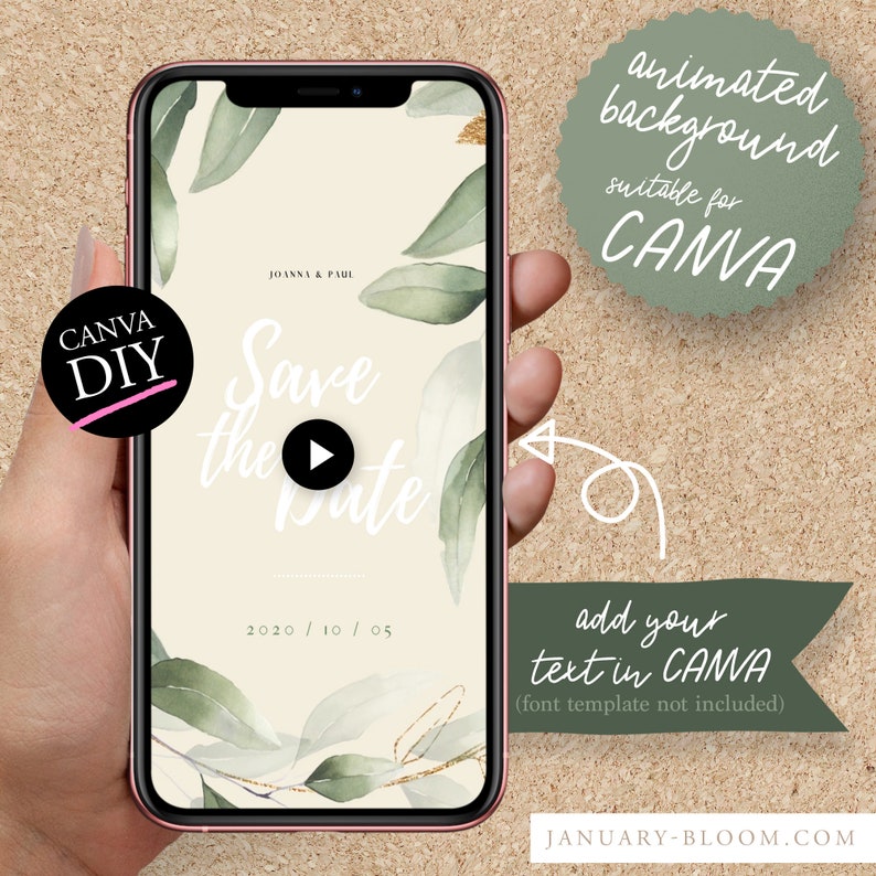 May include: Animated Canva background template featuring a green watercolour leaf design and the text "Save the Date" with a play button icon. The date is 2020/10/05. The text "add your text in CANVA (font template not included)" is also included.
