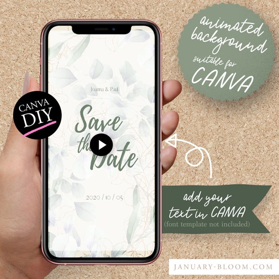 DIY Animated Story Pin invitation for CANVA | pastel watercolor spring foliage frame Save the Date Celebration eucalyptus leaf illustrations