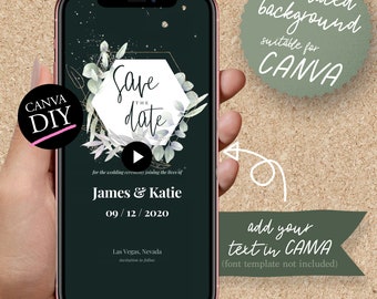 DIY Animated Instagram Story Video uitnodiging voor CANVA | bruiloft Save the Date Celebration kaart bladblad &gouden geometrisch frame