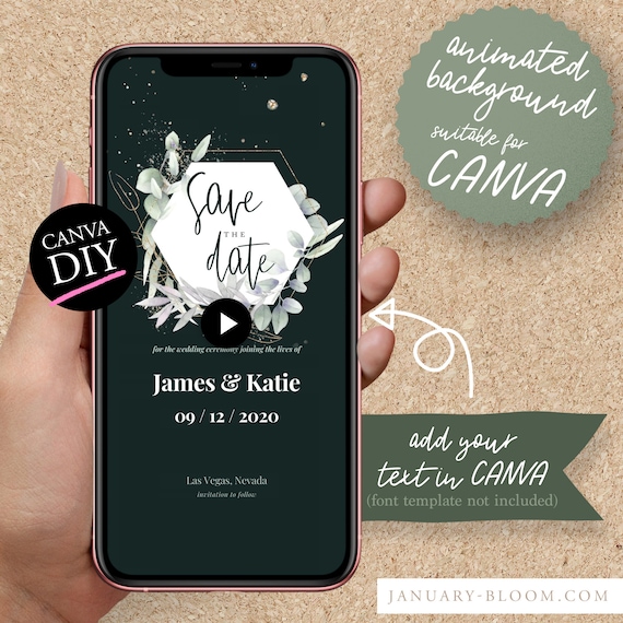DIY Animated Instagram Story Video invitation for CANVA | wedding Save the Date Celebration card leaf foliage & gold geometric frame