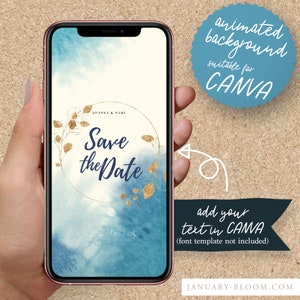以下が含まれることがあります： Canva 用の青と白のアニメーション背景で、金色のアクセントが付けられています。背景は水彩画のような効果で、金色の円の中に金色の文字で「Save the Date」と書かれています。日付「2020/10/05」も金色の文字で書かれています。