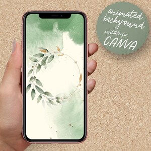 May include: A green and gold animated background with a wreath of leaves and gold accents. The background is suitable for use in Canva.