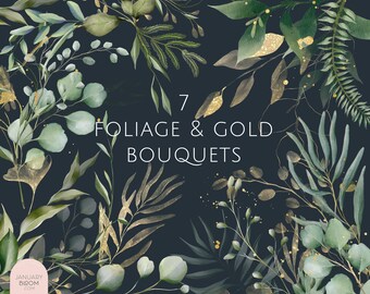 watercolor foliage green gold eucalyptus digital bouquet wreath delicate clipart illustration wedding modern greenery PNG hand drawn