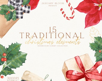acuarela tradicional navidad clipart invierno acebo flor de Pascua calcetines navideños caja de regalo lazo vegetación follaje bricolaje descarga png