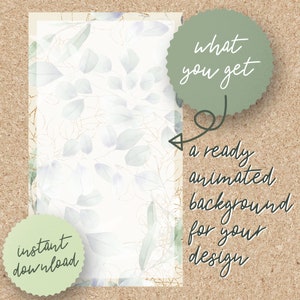 Puede incluir: Una ilustraci&oacute;n digital de un fondo frondoso con un espacio blanco en el centro. El texto "what you get" est&aacute; en un c&iacute;rculo verde con borde irregular. El texto "a ready animated background for your design" est&aacute; escrito debajo del c&iacute;rculo. El texto "instant download" est&aacute; en un c&iacute;rculo verde con borde irregular.