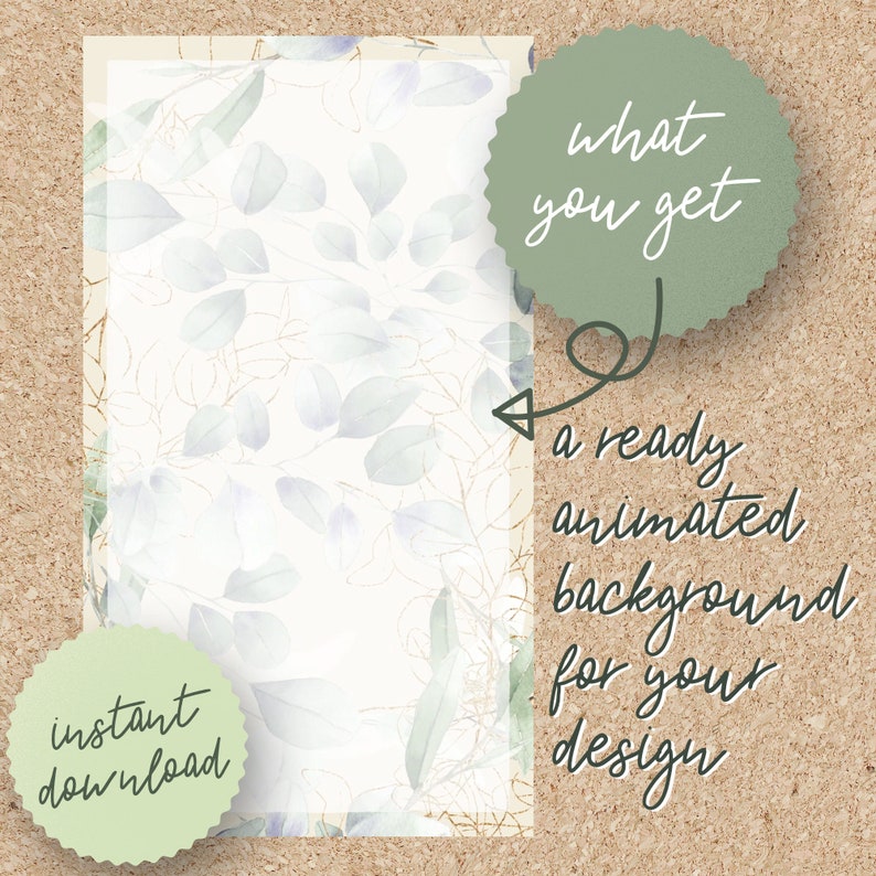 Puede incluir: Una ilustraci&oacute;n digital de un fondo frondoso con un espacio blanco en el centro. El texto "what you get" est&aacute; en un c&iacute;rculo verde con borde irregular. El texto "a ready animated background for your design" est&aacute; escrito debajo del c&iacute;rculo. El texto "instant download" est&aacute; en un c&iacute;rculo verde con borde irregular.
