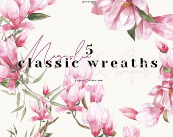 watercolor magnolia Japanese garden digital classic bouquet wreath pink clipart illustration wedding modern urban greenery PNG hand drawn