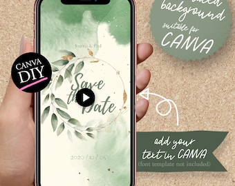 DIY Animated Story Video uitnodiging voor CANVA | bruiloft Save the Date Celebration DIY kaart aquarel blad blad blad & gouden lijn kunst krans