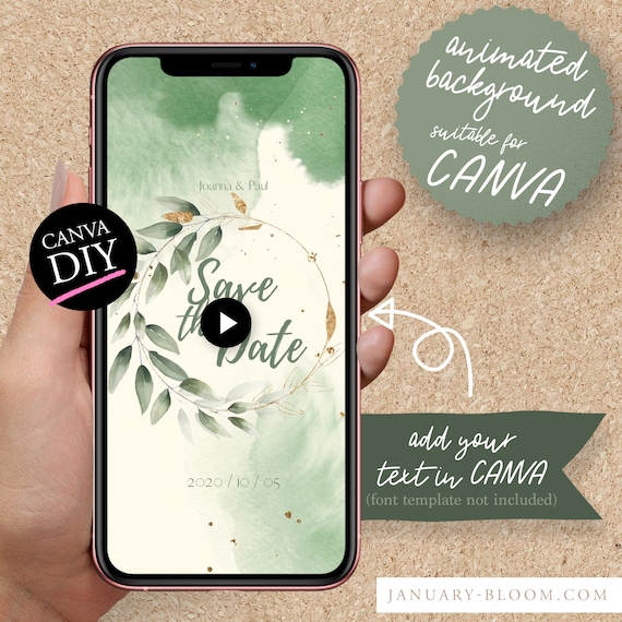 DIY Animated Story Video invitation for CANVA | wedding Save the Date Celebration DIY card watercolor leaf foliage & gold line art wreath