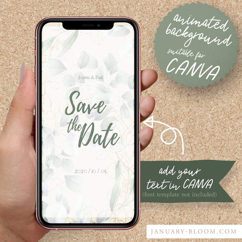Puede incluir: Una maqueta de pantalla de tel&eacute;fono digital con un fondo floral verde y blanco. El texto "Save the Date" est&aacute; en una fuente verde con un contorno dorado. La fecha "2020/10/05" est&aacute; en una fuente m&aacute;s peque&ntilde;a debajo del texto. El texto "fondo animado adecuado para CANVA" est&aacute; en un c&iacute;rculo verde en la parte superior derecha de la imagen. El texto "a&ntilde;ade tu texto en CANVA (plantilla de fuente no incluida)" est&aacute; en una pancarta verde en la parte inferior derecha de la imagen. El texto "JANUARY-BLOOM.COM" est&aacute; en la parte inferior de la imagen.