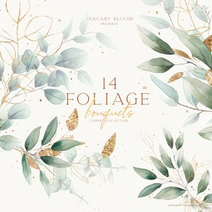 Aquarell Laub grün gold eukalyptus digital Blumenkranz zarte Clipart Illustration Hochzeit modern grün PNG handgezeichnet