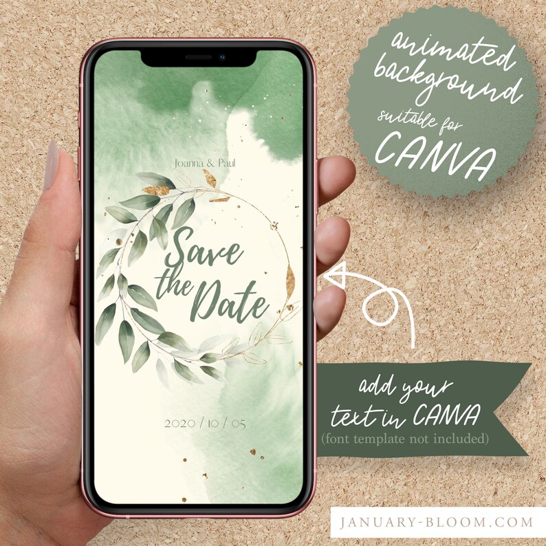 May include: Animated green and gold watercolor background with a wreath of leaves and the text "Save the Date" and "2020/10/05". Suitable for Canva.