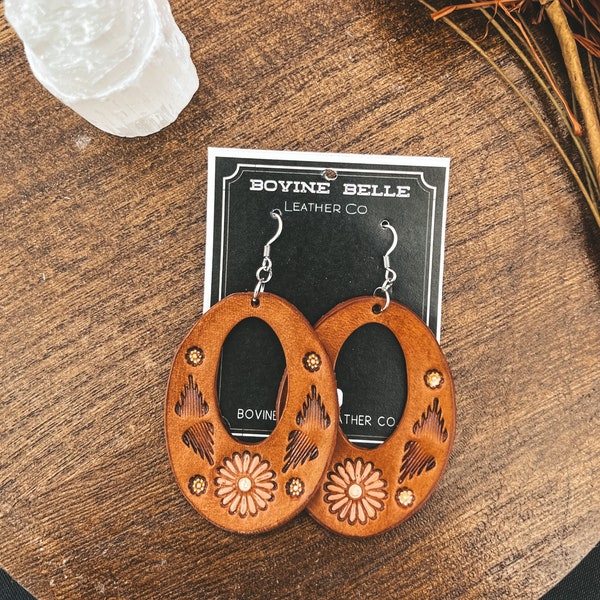 Hand Tooled Oval Cutout Floral Western Leather Earrings