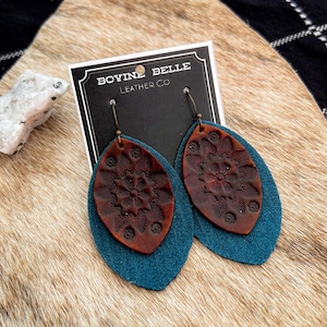 Hand Tooled Suede Fringe Petal Brown Blue Floral Heart Leather Earrings