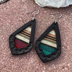 Hand Tooled Serape Inlay Drop Leather Earrings