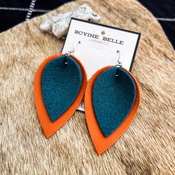 Pointed Pinched Leaf Orange Blue Leather Earrings