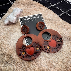 Hand Tooled Circle Cutout Floral Heart Leather Earrings